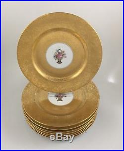 1920s Heinrich & Co SET 8 Dinner Plate Gold Encrusted Floral Center