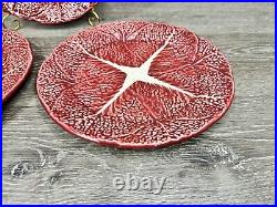 1950s Secla Majolica Portugal Secla Deep Red Cabbage Leaf 10.75 Dinner Plates3