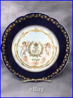 (2) Sevres Chateau De Tuileries Cherubs Cobalt & Gold King Louis Dinner Plates