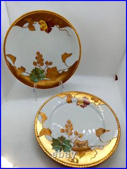 2 Vintage LRL Limoges Hand Painted Dinner Plates, Heavy Gold, Leaves/Grapes VGC
