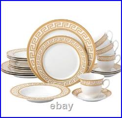 20 Piece Bone China Dinnerware Set Service For 4 White And Golden Greek Key