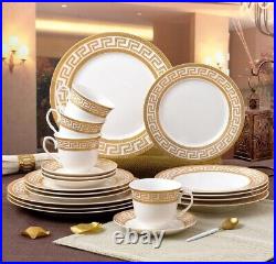 20 Piece Bone China Dinnerware Set Service For 4 White And Golden Greek Key