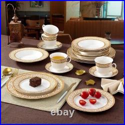 20 Piece Bone China Dinnerware Set Service For 4 White And Golden Greek Key