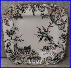 222 Fifth ADELAIDE GOLD set 8 Square DINNER PLATES toile bird FINE CHINA 11 NEW