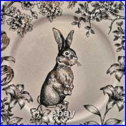 222 Fifth Pink Gold Bunny Hill Rabbit Toile Dinner Plates Easter Set of 6