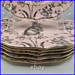 222 Fifth Pink Gold Bunny Hill Rabbit Toile Dinner Plates Easter Set of 6