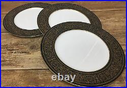 3 Dinner Plates Mikasa Mount Holyoke 60673 Gold Flowers Scrolls Black 114 White