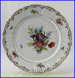 3 Dresden Meissen Porcelain Dinner Plates Flowers & Insects Gold Rose Mark 10