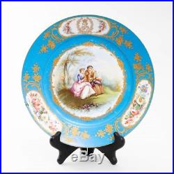 3 Sevres Porcelain Celeste Blue & Gold 9.5 Dinner Plates Courting Couple 68-71