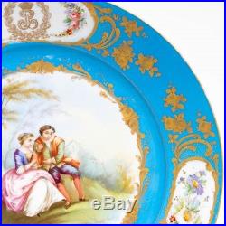 3 Sevres Porcelain Celeste Blue & Gold 9.5 Dinner Plates Courting Couple 68-71