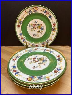 4 Antique C Ahrenfeldt Limoges Dinner Plates 10.25 Birds Floral Green Band Gold