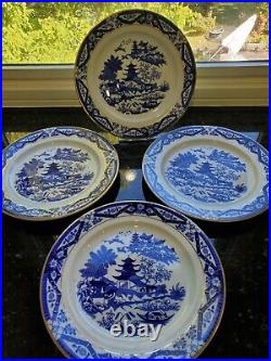 4 Antique Grainger Worcester Blue Willow w Gold Gilt Dinner Plates Superb