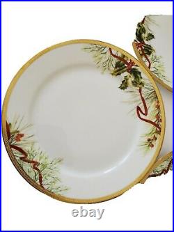 (4) Charter Club Grand Buffet Gold HOLLY & Pine Christmas Dinner Plates New