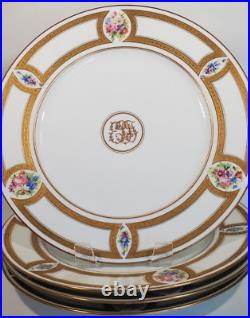 4 Hand Painted Gold Encrusted Floral Monogram Dinner Plates Charles Ahrenfeldt