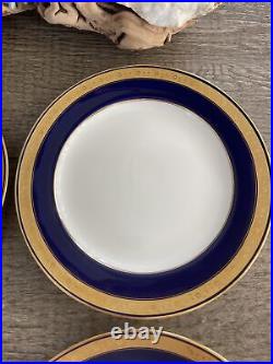 4 Minton England Dinner Plates, Blue Gold Encrusted 10 Inch