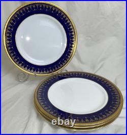 4 Royal Worcester Imperial Dinner Plates 22 K Raised Gold Cobalt Blue Excellent