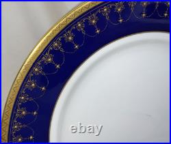 4 Royal Worcester Imperial Dinner Plates 22 K Raised Gold Cobalt Blue Excellent