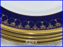 4 Royal Worcester Imperial Dinner Plates 22 K Raised Gold Cobalt Blue Excellent