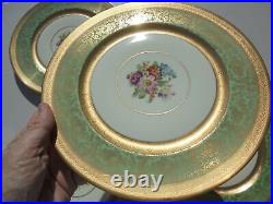 4 Vintage Heinrich Edgerton Porcelain Gold Encrusted Green Floral Dinner Plates