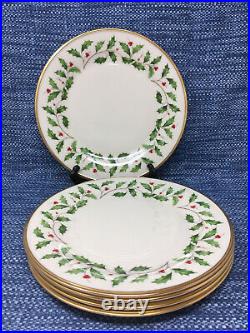 5 Lot Lenox Holiday Dinner Plates Holly Berry Set Gold Trim 10.75 Excellent
