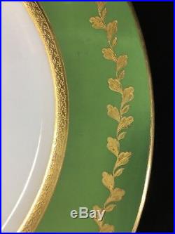(5) Vintage Wm GUERIN Limoges Green & Gold Encrusted 9.625 DINNER PLATES