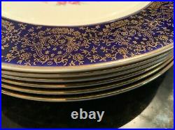 6-1942 Homer Laughlin Cobalt Blue Floral 11 China Dinner Plates 22k Gold Trim