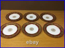 6 Antique LIMOGES Porcelaine L. R. L. 9 1/2 Red Plates withEmbossed Gold on Rim