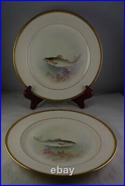 6 Antique Lenox Green Morley Artist Signed Fish Plates Gold Trim All Different