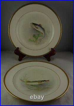 6 Antique Lenox Green Morley Artist Signed Fish Plates Gold Trim All Different