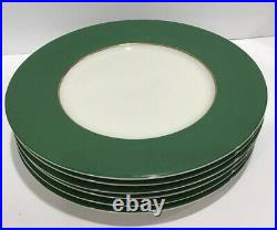 6 Crate & Barrel Spruce GREEN BAND WIDE RIM GOLD TRIM Dinner Plates 10 3/8 EC