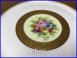 6 H & Co Selb Bavaria Gold Encrusted 10 7/8 DINNER PLATES withCenter Bouquet