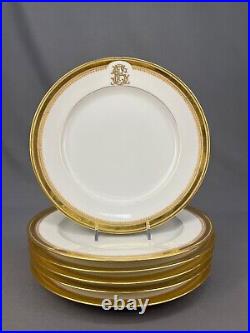 6 Pirkenhammer Vtg. Porcelain Heavy Gilt Dinner Plates 9 5/8 + Monogram SB/BS