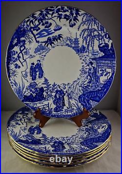 6 Royal Crown Derby Mikado Large Dinner Plates Asian Scenes Blue withGold Trim