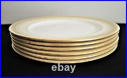 6 Royal Doulton Raised Gold Encrusted Cream Rimmed Dinner Plates- Mint 10 5/8