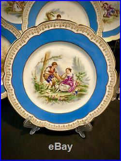 6 Sevres Chateau de St. Cloud Celeste Blue Gold Portrait Plates Dinner Size
