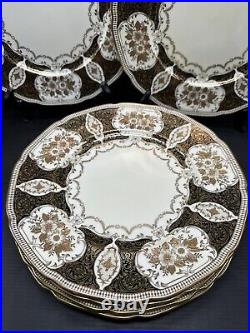 6 Vintage 1950s Meito Japan Dinner Plates Black Cream Heavy Ornate Gold RARE