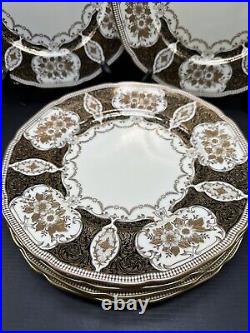 6 Vintage 1950s Meito Japan Dinner Plates Black Cream Heavy Ornate Gold RARE