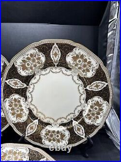 6 Vintage 1950s Meito Japan Dinner Plates Black Cream Heavy Ornate Gold RARE