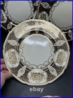 6 Vintage 1950s Meito Japan Dinner Plates Black Cream Heavy Ornate Gold RARE