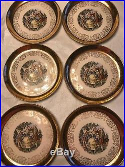 6 Vintage Sabin Crest-O-Gold Dinner Plates 22Kt Gold Made In USA