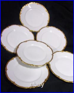 6fraureuth Germany- Artist Signed White Scalloped Gold Trim Dinner Plates 9.5