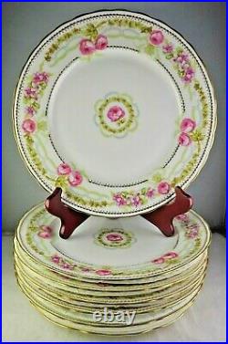 7 Antique Limoges Porcelain Elite France Dinner Plates Large Roses Double Gold