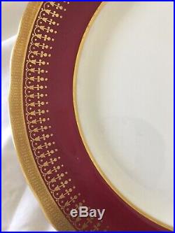 (7) Aynsley HERTFORD MAROON & Gold Encrusted Scalloped 10.4 DINNER PLATES #7081