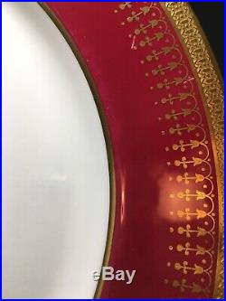 (7) Aynsley HERTFORD MAROON & Gold Encrusted Scalloped 10.4 DINNER PLATES #7081