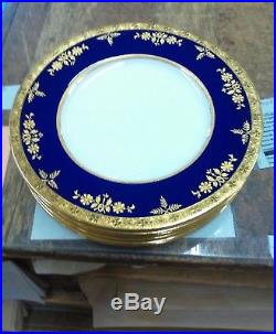 7 Minton For Tiffany Raised Gold Encrusted Cobalt Dinner Plates Excellent Mint