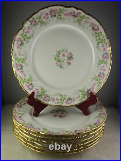 7 Pouyat Limoges Antique Porcelain Dinner Plates Green Pink Flowers Gold Trim
