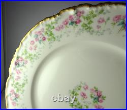 7 Pouyat Limoges Antique Porcelain Dinner Plates Green Pink Flowers Gold Trim