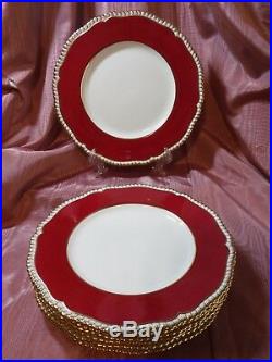 7 Spode Copeland's Y499 Dinner Plates Red Band Gold Raised Scalloped Edge