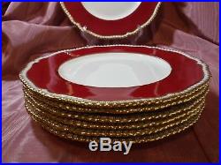 7 Spode Copeland's Y499 Dinner Plates Red Band Gold Raised Scalloped Edge