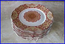 (8) 222 Fifth Lyria Saffron Dinner Plates Red Gold Paisley Floral Clean 10.5